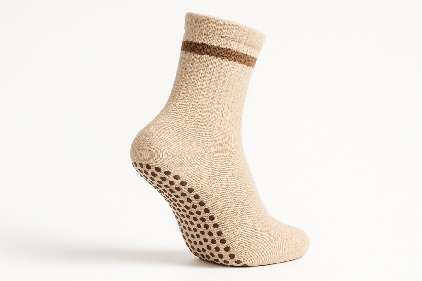 beige crew grip sock with brown stripe