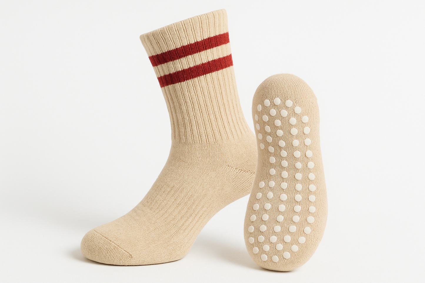 beige crew grip socks with 2 red stripe