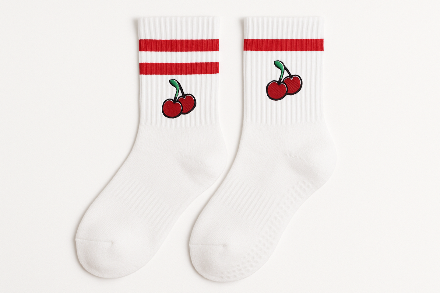crew grip white socks with red 2 stripe and cherry logo