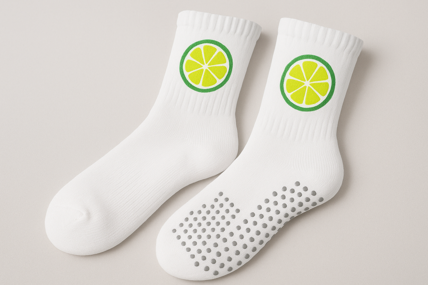 white crew grip socks with lime logo
