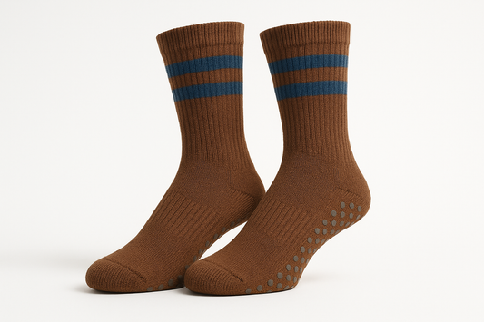 crew brown socks with 2 blue stripe grip