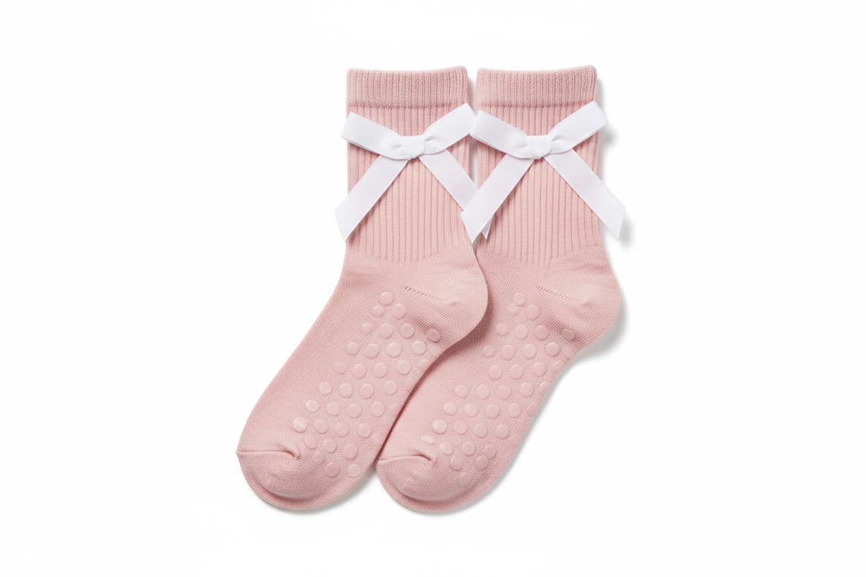 pink crew grip socks with white ribbon bow on the side