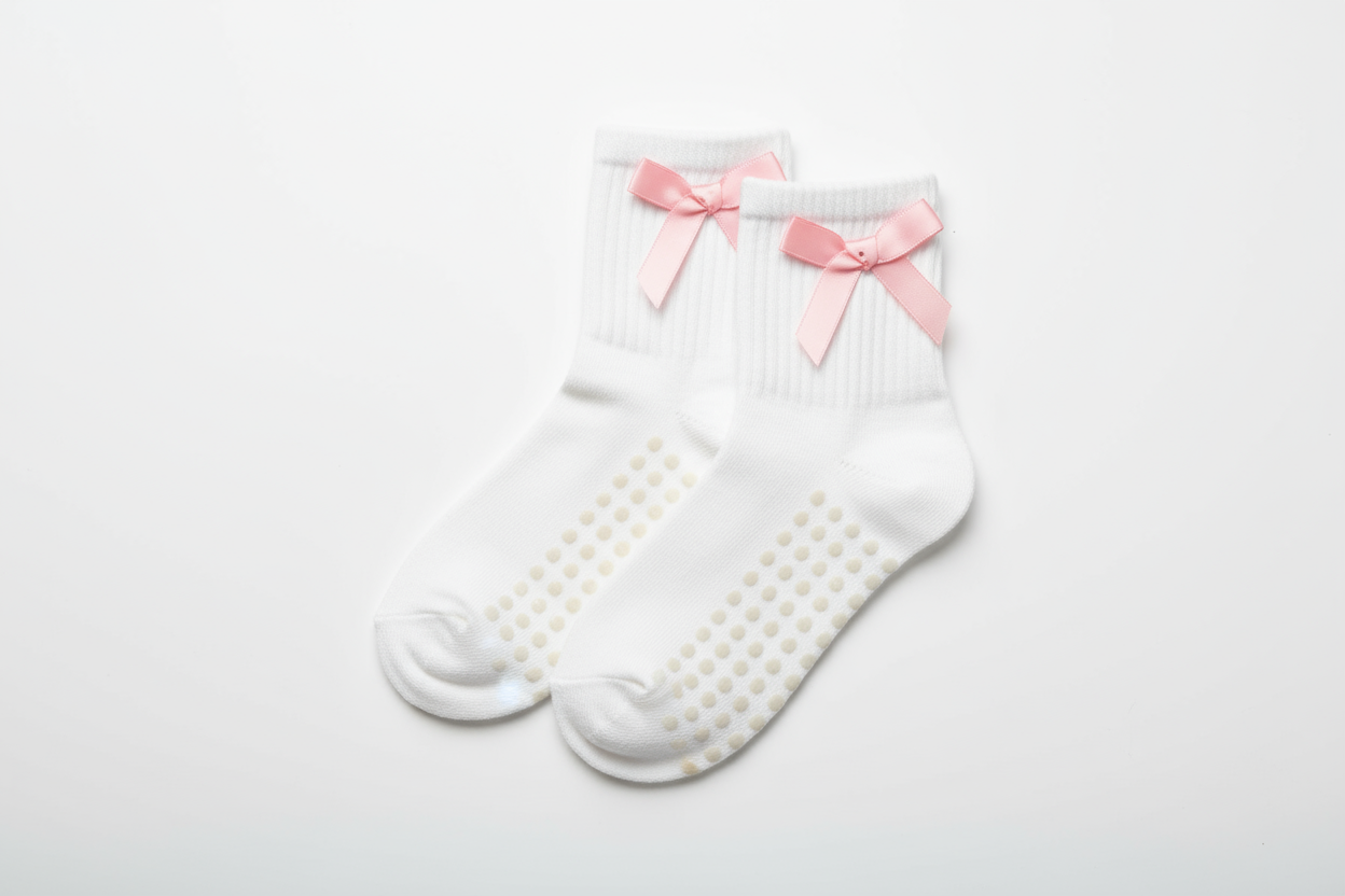 White crew grip socks with pink ribbon bow on the side
